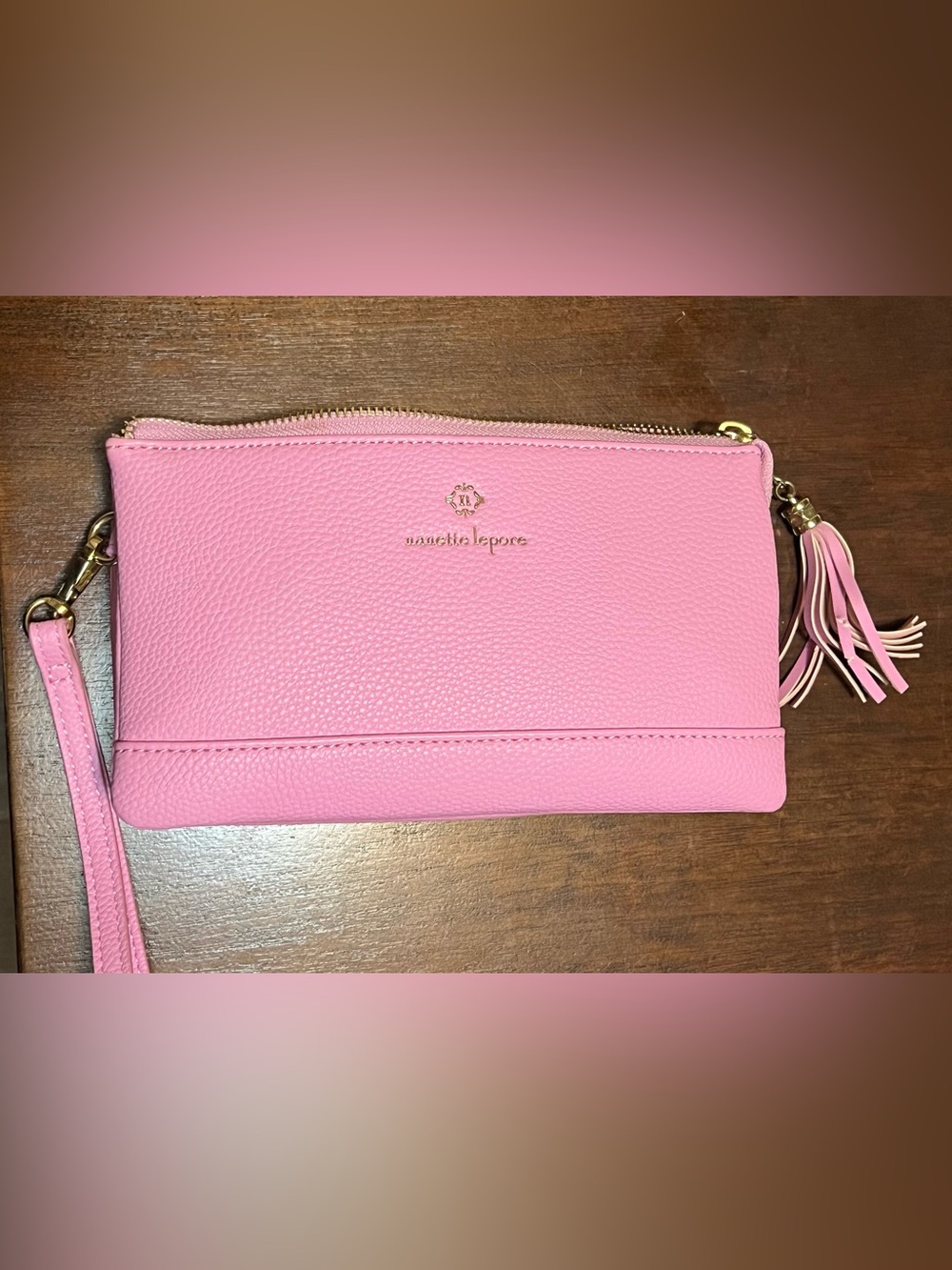 Nanette Lepore Pink Pebbled Leather Wristlet and Crossbody with Gold Logo NWOT